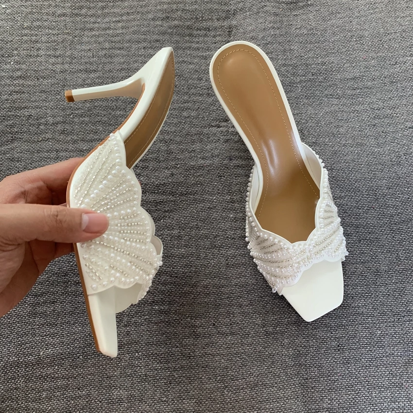 Damen Perlenbesetzte Sandalen mit eckiger Zehenpartie und hohem Absatz, offene Stiletto-Absätze, 2026 Party- und Hochzeitsschuhe, Damen-Sommer-Mules – Detail 7