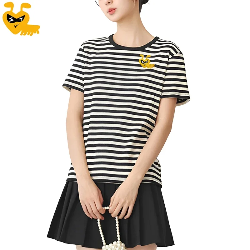 Break Egg Women Stripe T-Shirt Cartoon Cute Glasses Ant Embroidery Cotton Short Sleeve O-Neck Summer Two-tone T-Shirt