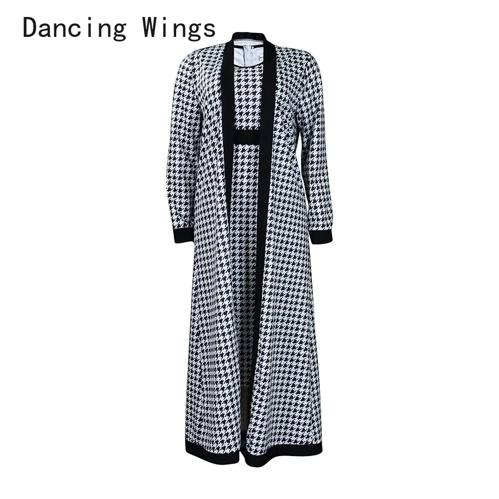 Women Two Piece Houndstooth Printed Dress Suits Long Sleeve Long Cardigans & Tank Dress Set