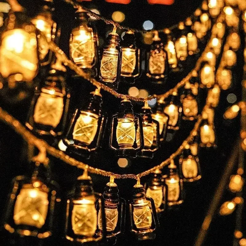 LED Solar Mini Retro Kerosene String Light Eid Mubarak Star Moon Palace Lantern Ramadan Halloween Decoration Fairy Light