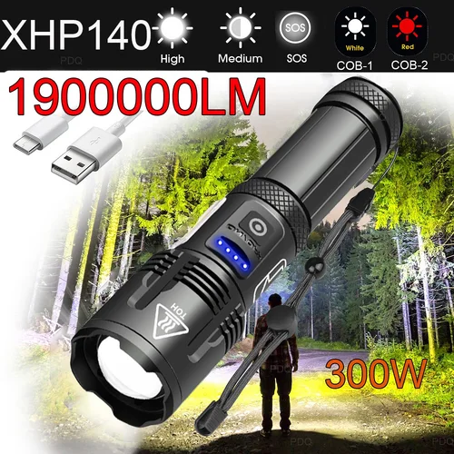 1900000LM XHP140 300W Led 가장 강력한 손전등 18650 XHP50 USB 충전식 고출력 토치 라이트 10000MAh 전술 랜턴 가장 강한 불빛의 손전등 알루미늄 합금 줌 모드 마이크로 USB 충전 