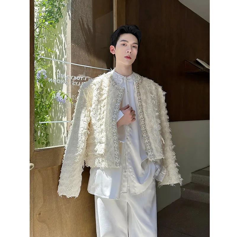 

Pearl Trimmed Short Suit Jacket Elegant Financial Tycoon Style Casual Boys Fashion Outerwear Classic Lapel Single Button Closure