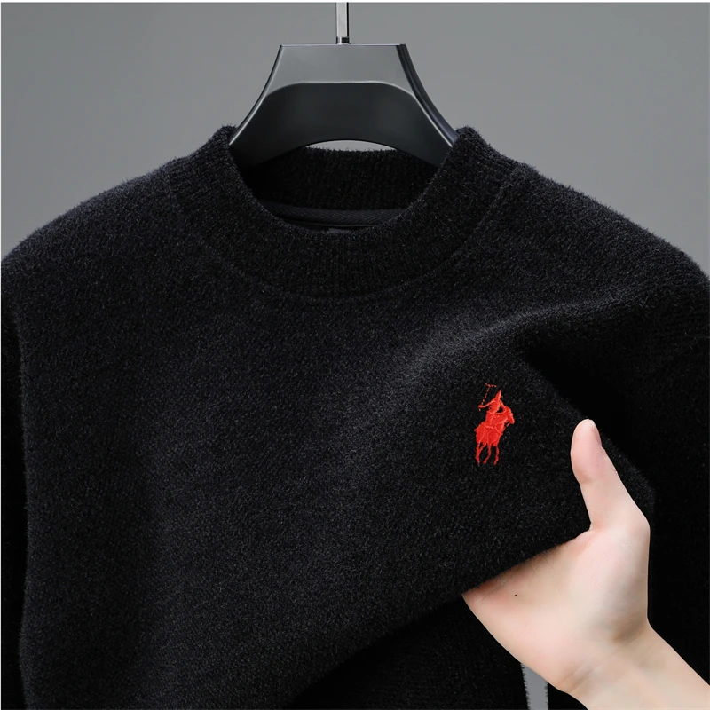 High end brand embroidered sweater men's designer new round neck top winter plush thick warm knit pullover fashion men's wear