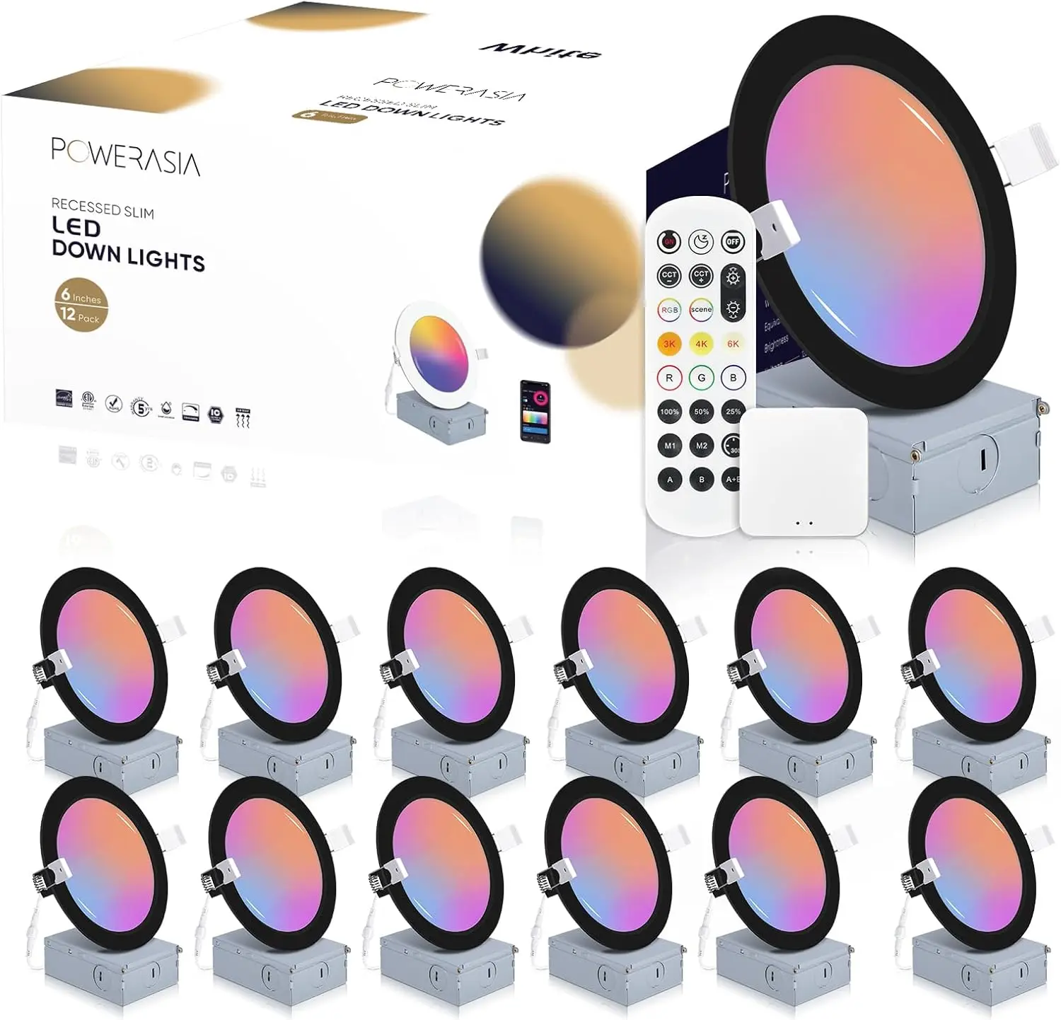 

12 Pack Black Smart Recessed Lighting 6 Inch, Ultra-Thin 6 Inch LED Recessed Lights12W 1200LM Smart Downlight with Junction