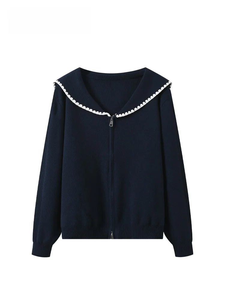 

Faionable Large Size Women's Knitwear Navy Collar Long Sve Slimming Sli Top for Winter Polyester Fiber Regular Length