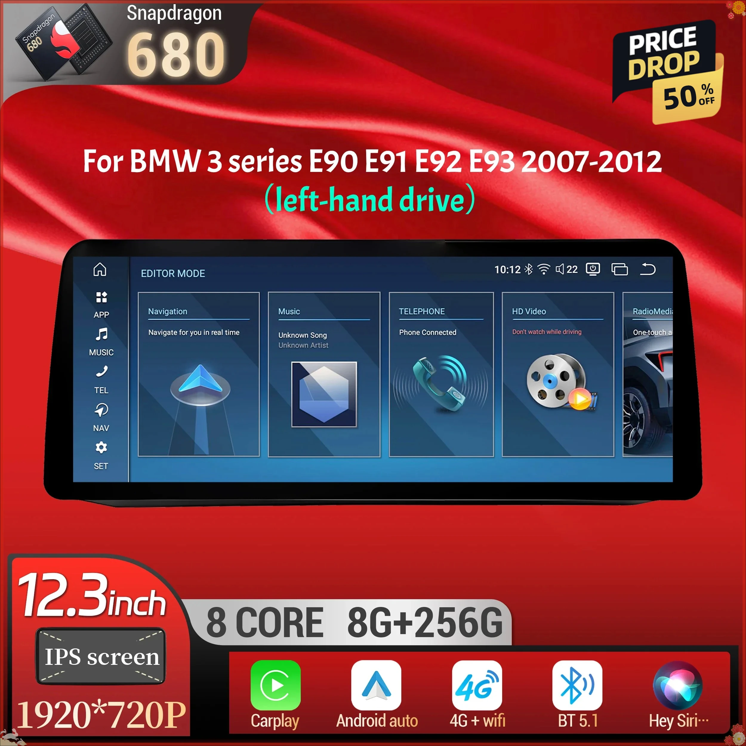 12.3 inch Left Hand Drive Android 14 Car Radio Wireless Carplay Snapdragon 680 Screen For BMW 3 series E90 E91 E92 E93 2007-2012