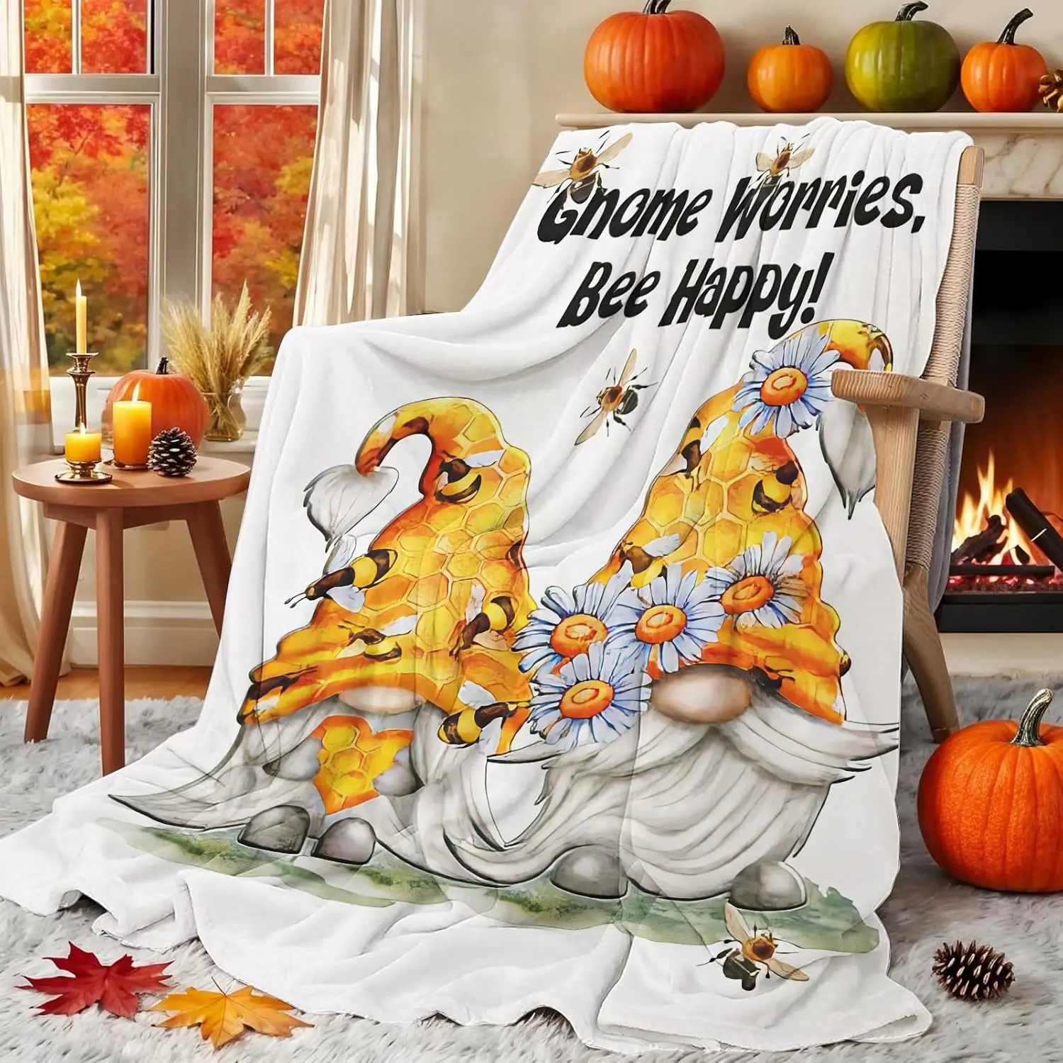Birthday Fall Gnome Blanket - Gnomes Gifts for Women, Soft Cozy Gnome Worries Bee Happy Throw Blanket , Fall Blanket Gifts for