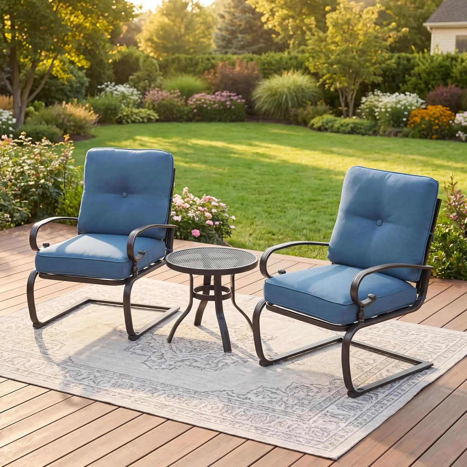 3 Pcs Outdoor Bistro Set, Wrought Iron Frame Patio Spring Chair Set with Cushion & Round Table for Yard, Balcony, Poolside