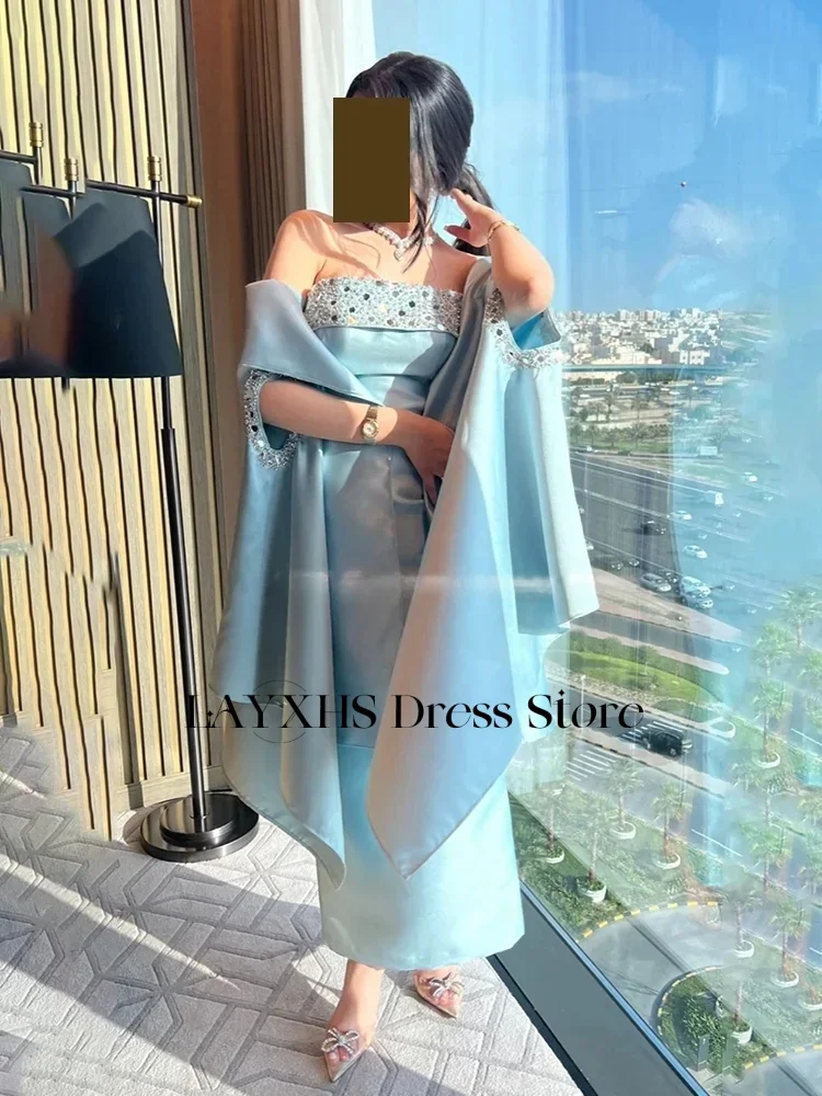 LAYXHS หรูหรา 2 ชิ้นชุดราตรีสีฟ้า Strapless ลูกปัดผ้าคลุมไหล่ชา-ความยาว Party Prom Gowns ที่กําหนดเอง