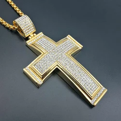 Hip Hop Iced Out Big Cross Pendant Necklace For Men Gold Color Stainless Steel Rhinestone Necklace Hiphop Christian Jewelry