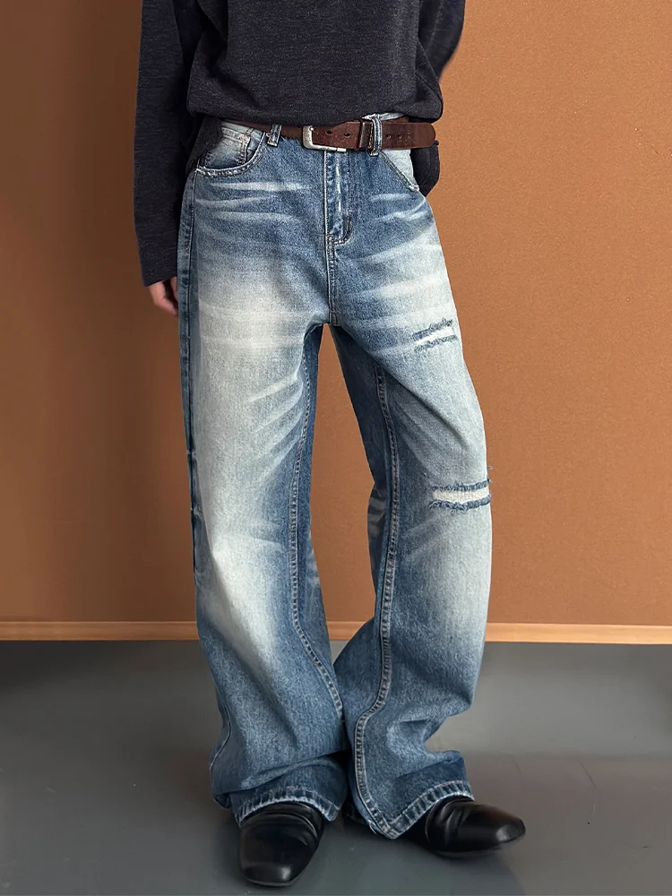 

High Waist Wide Leg American Style Vintage Washed Denim Jeans Women's Faded Design Loose Straight Floor-Length Pants