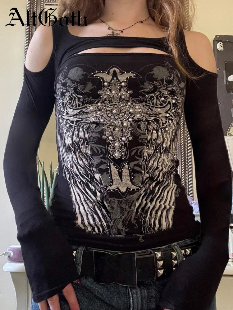 

AltGoth Mall Goth Vintage Streetwear T-shirt Women Y2k E-girl Aesthetic Wing Cross Printed Long Sleeve Hollow Out Crop Tee Tops