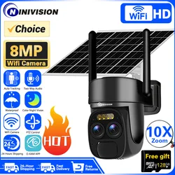 4K 8MP Dual Lens WIFI Solar Pane Camera Outdoor 10X Optical Zoom Audio Color Night Vision Bulit-in Battery Security Camera O-KAM