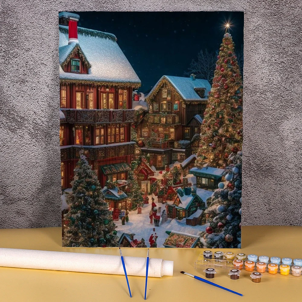 Kit de peinture acrylique par numéros, dessin animé à la main, style de Noël, ville des neiges, oeuvre de bricolage, cadeau d'art sur toile, décoration de la maison