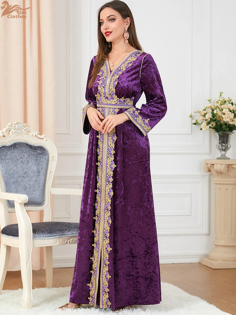 Abaya-Robe longue en velours pour femmes musulmanes, dentelle, maxi, Turquie, golfe Jalabiya, Dubaï, fête de l'Aïd, caftan, Maroc, soirée