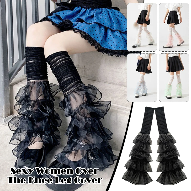 

Women Girls Y2K Ruffled Lace Leg Warmers Tiered Tulle Patchwork Long Thigh High Socks Vintage Boot Cuffs Cover Socks
