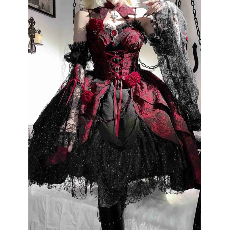 

Fashion Sweet Dress Princess Dress Lolita Daily Dark Gothic Style Ball Halloween Sweet Cool Halter Tail Lolita Strap Dress