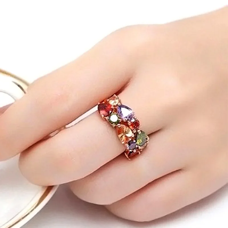 Anillo de dedo de circonita colorida brillante para mujer, accesorios de Color oro rosa para ceremonia de compromiso, joyería estética elegante, nuevo