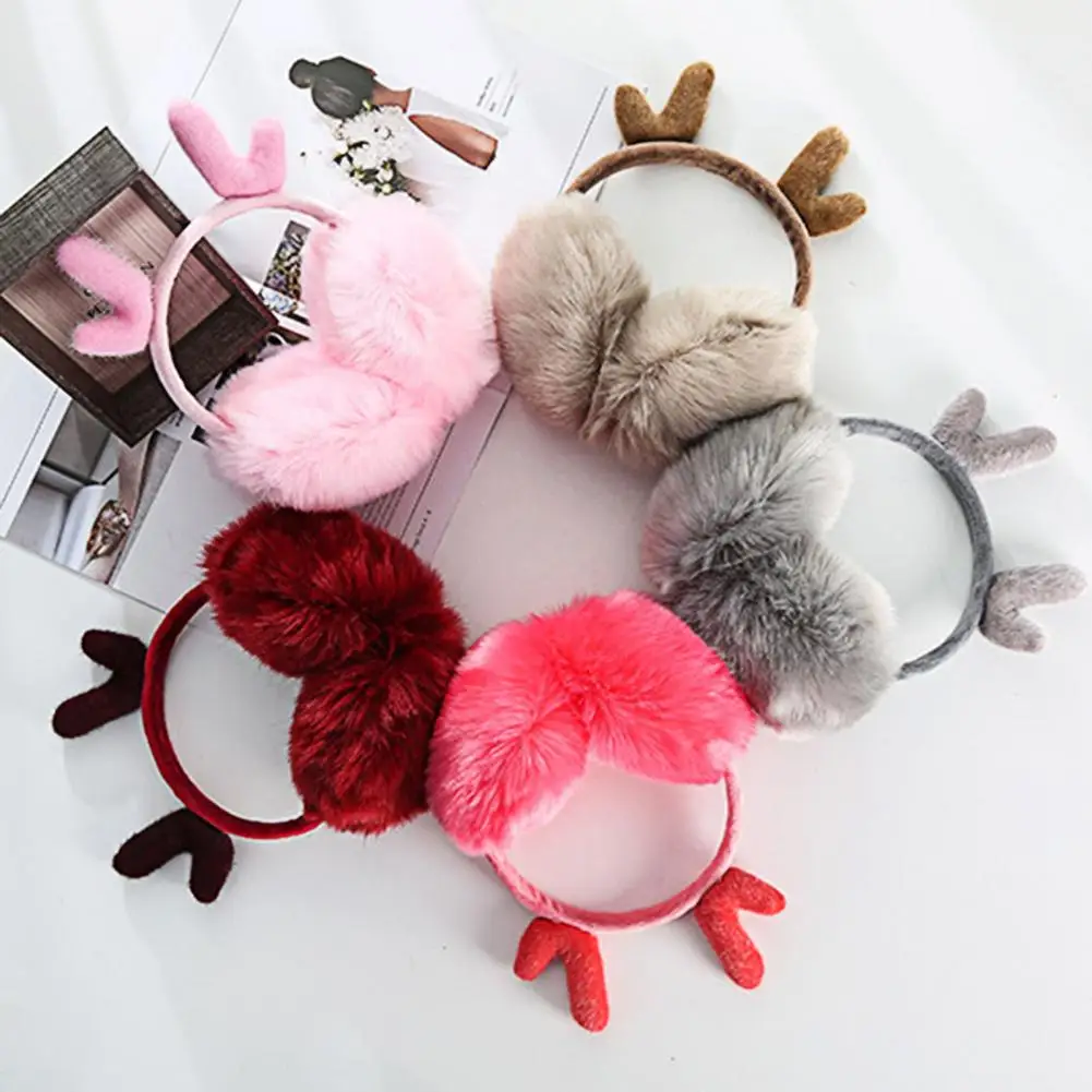 Faux Rabbit Fur Deer Antler Soft Plush Ear Warmer Winter Warm Earmuffs for Women Non slip Ear Comfortable Ear Warmer