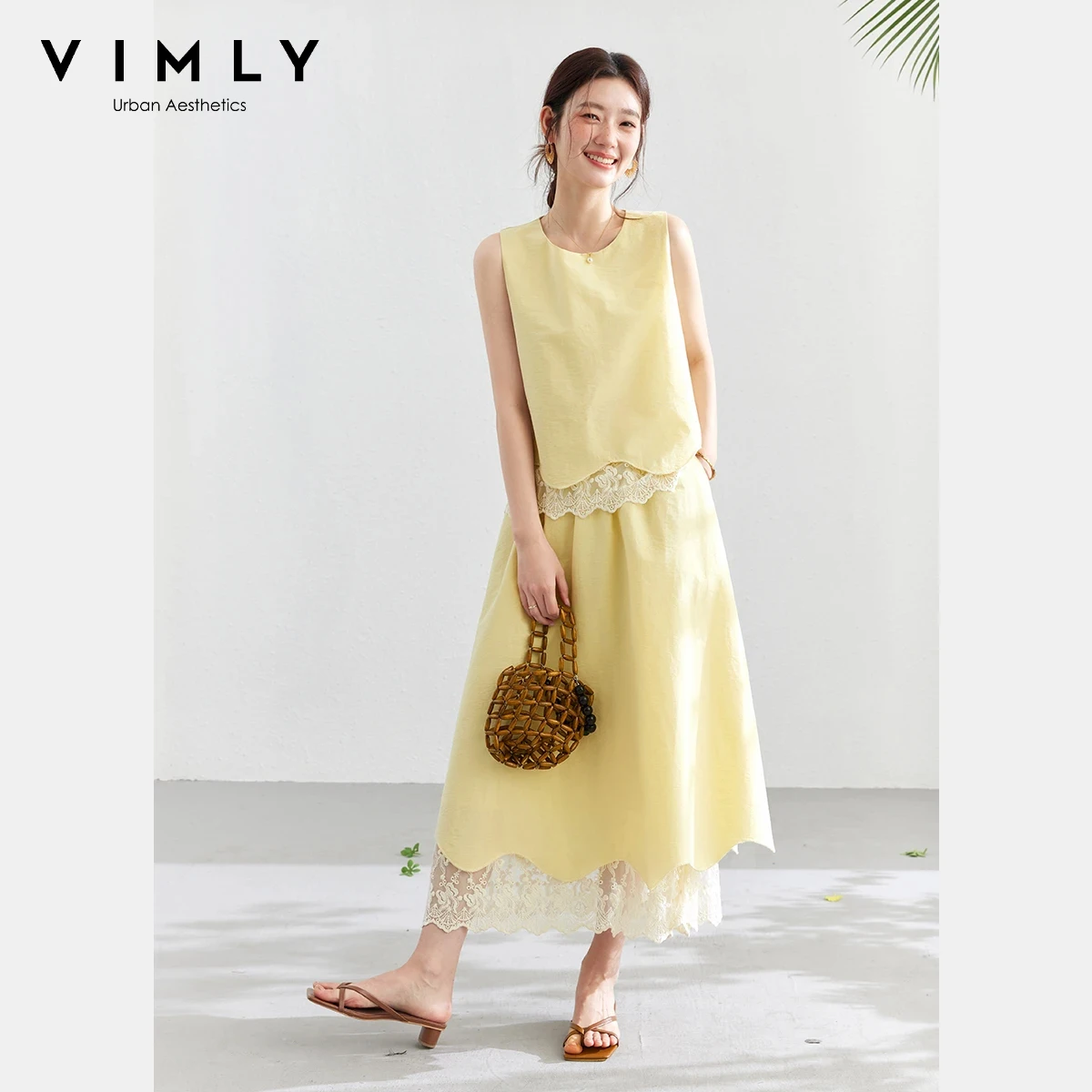 

Женский модный комплект VIMLY из двух предметов с кружевной отделкой, лето 2026, новинка: топ без рукавов с круглым вырезом и юбка А-силуэта, повседневный наряд 30883