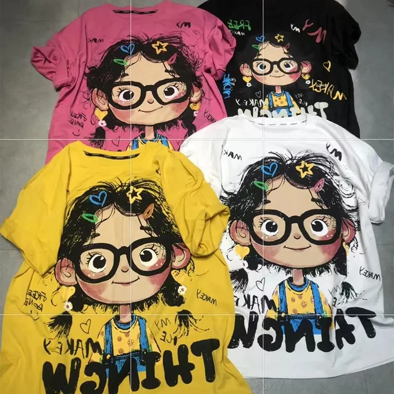 Summer plus Size Cartoon Print Short Sleeve Women's T-shirt Loose Fit Concealing Slimming Top Fashionable Korean Style