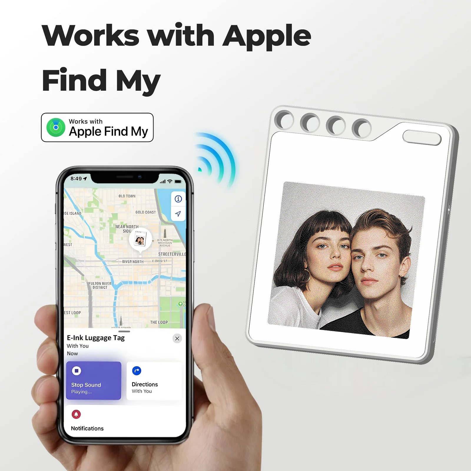 

4-цветный HD E-Paper дисплей 1,77 дюйма с поддержкой приложения Find My, корпус из ABS-пластика и угловые отверстия для брелоков/сумок