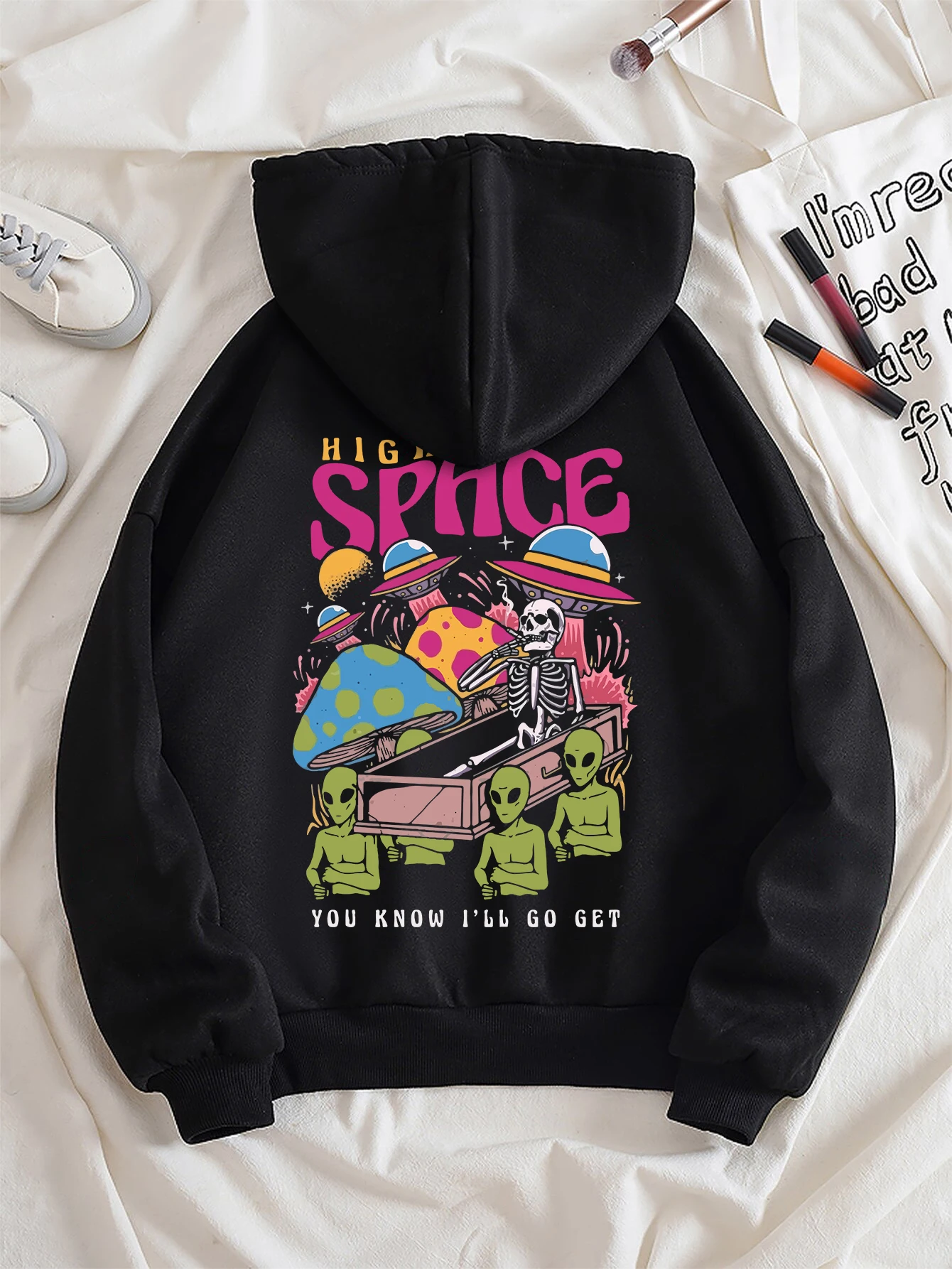 High Space You Know Go Get Alien Ufo Skeleton Print Hooded Women\'s Fleece Zipper Hoodies Autumn Oversize Hoodie Streetwear Women