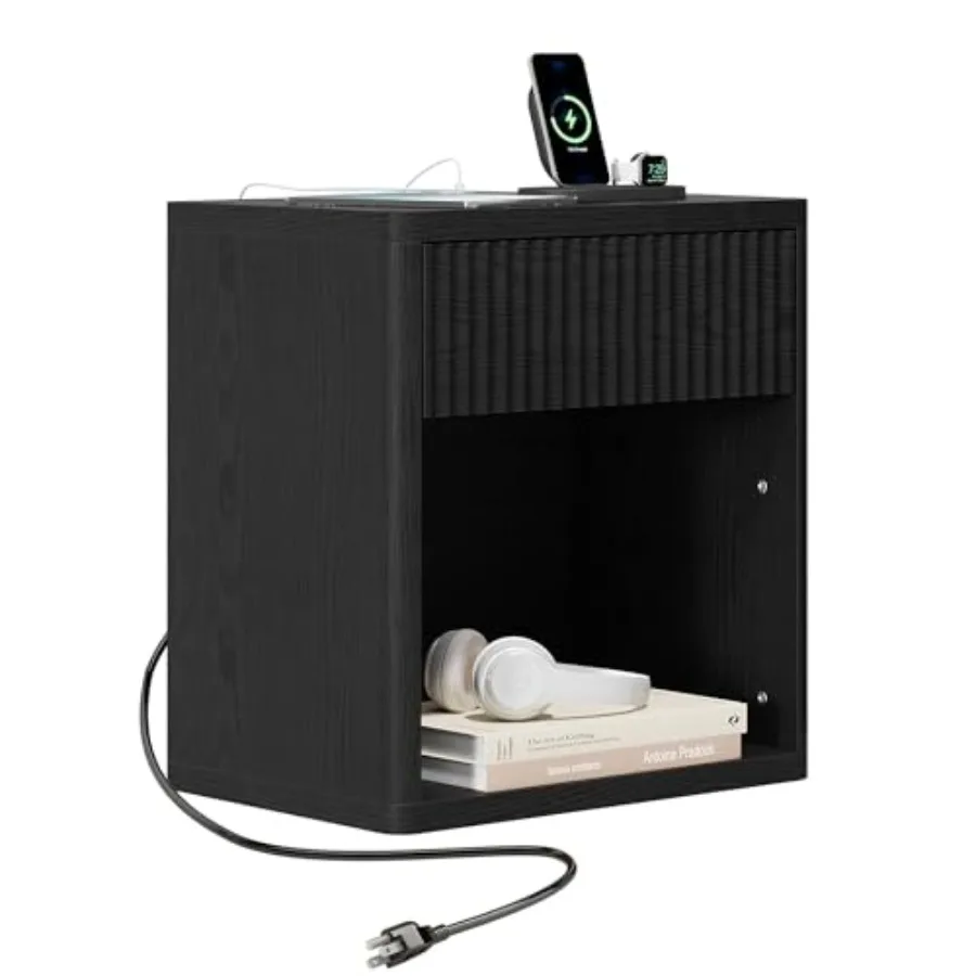 

Fluted Nightstand with Drawer Bed Side Table Wide End Table Modern Night Stands with Large Storage Charging Station Mid Century