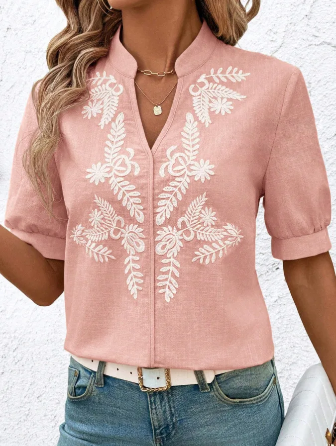 

colorful cotton embroidered flower cardigan with button up bubble short sleeved streetwear V-neck button up women's office shirt