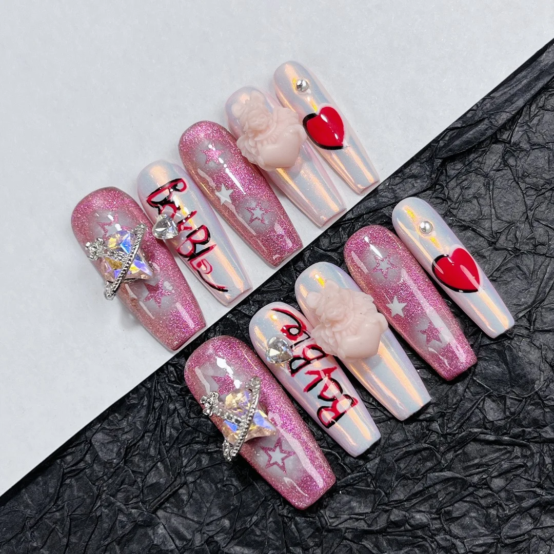 Emmabeauty Love Barbie Handmade Press On Nails Medium Long Pink Sweet Cool Girl Stereo Finished Nails White Autumn and Winter