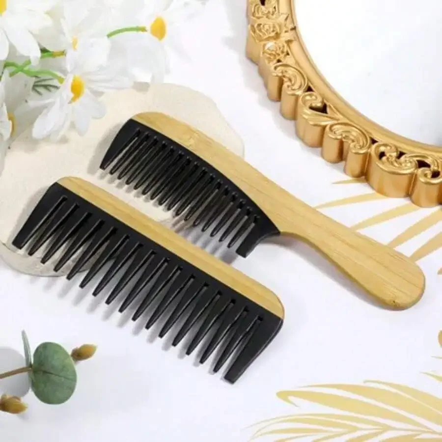 

2 Pcs Bamboo Wide Tooth Comb Set Natural Anti-Static Wooden Detangling Comb For Curly Wet Thick Hair