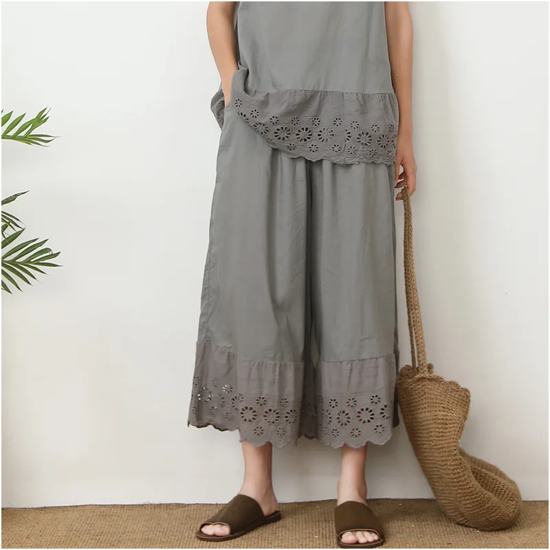 Johnature 2024 New Casual Wide-leg Pants Summer Cotton Linen Straight-leg Loose High-waisted Embroidered Cut-out Women Pants