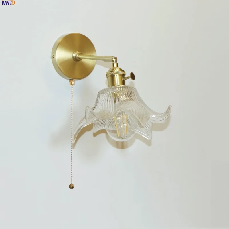 

IWHD Clear Flower Glass LED Wall Lamp Pull Chain Switch Dining Room Bedside Up Down Rotate Copper Wall Light Fixtures Luminaire