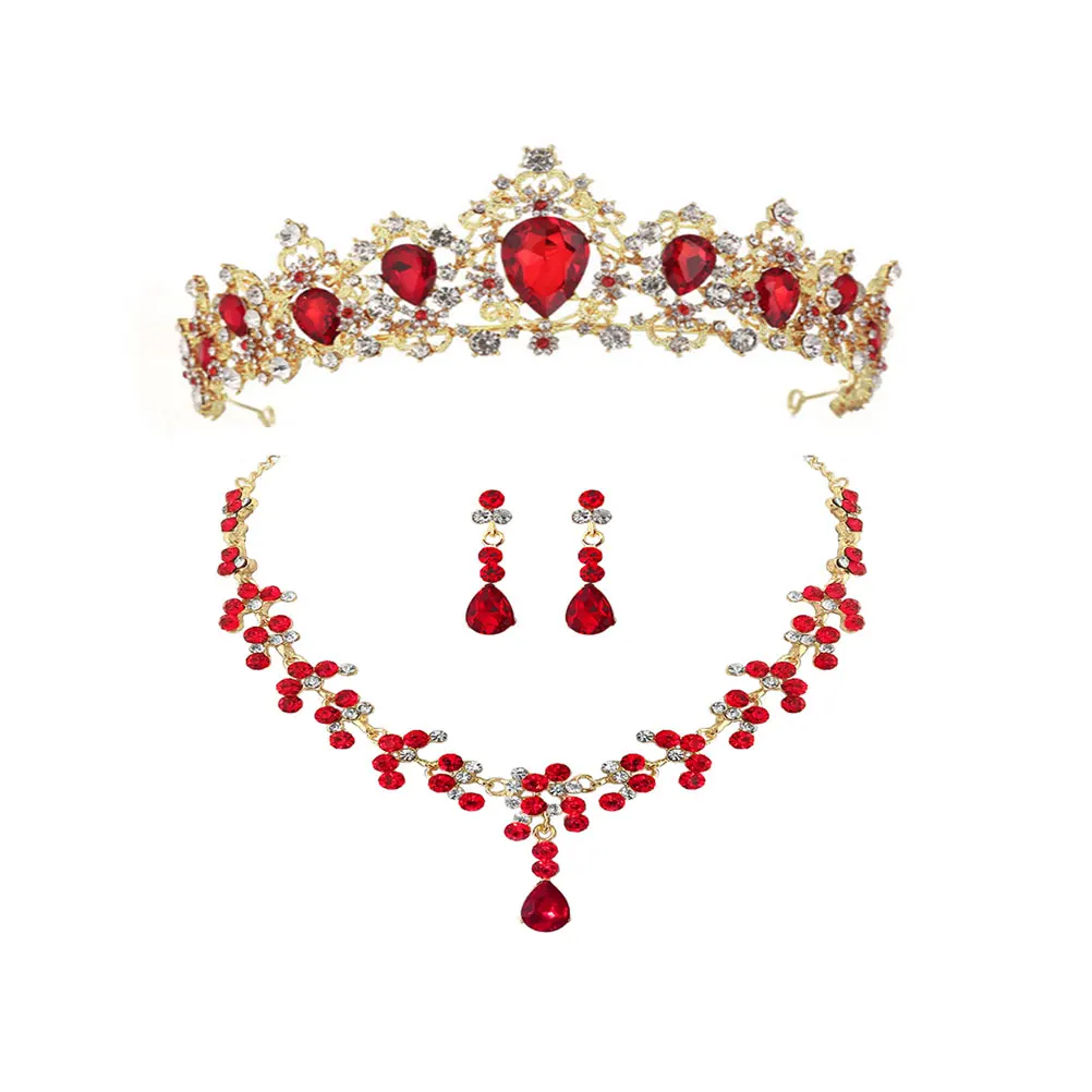 

1Set Rhinestone Crown Necklace Earring Set Elegant Women Jewelry Gift for Wedding Party Prom Bride Accessories Red