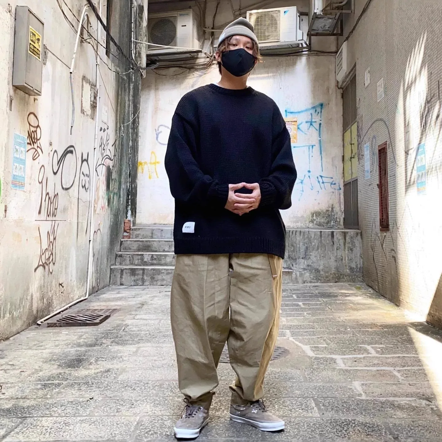 WTAPS Unisex Skull Pattern Knitted Sweater Japanese Retro Streetwear Heavyweight Loose Long Sleeve Casual Couple Pullover Top