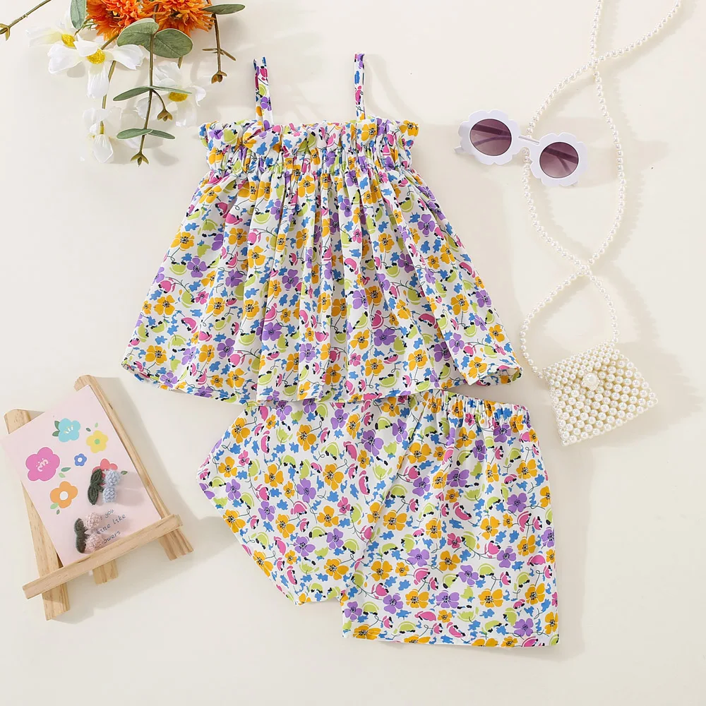 Baby Girl Outfit Set Summer Korean Style Fashion Lovely Purple Floral Suspender Tops And Soft Loose Casual Toddler Shorts