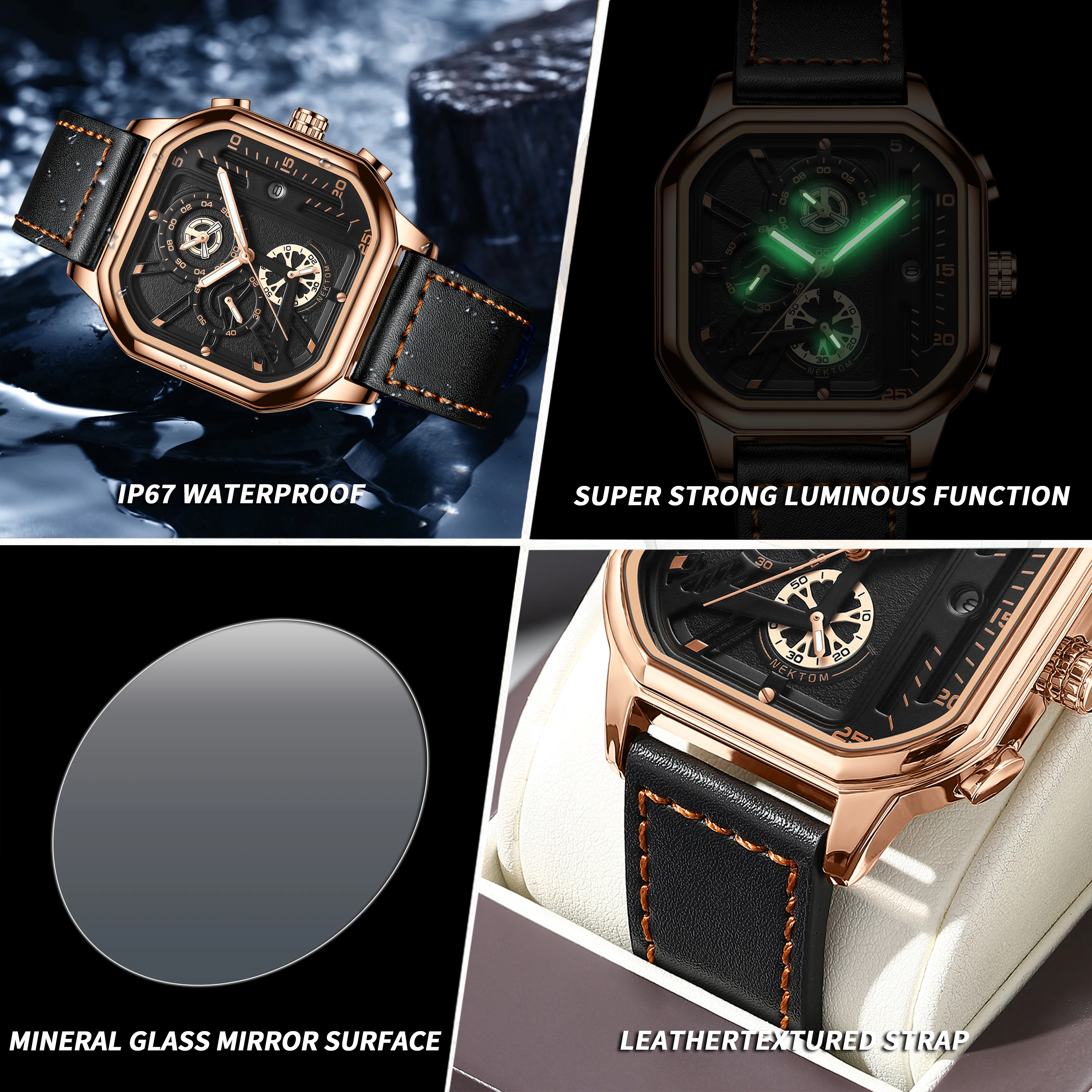 BINBOND Moda Esportes Mostrador Grande Relógio Quadrado Masculino Casual Pulseira De Couro Relógio De Quartzo Masculino