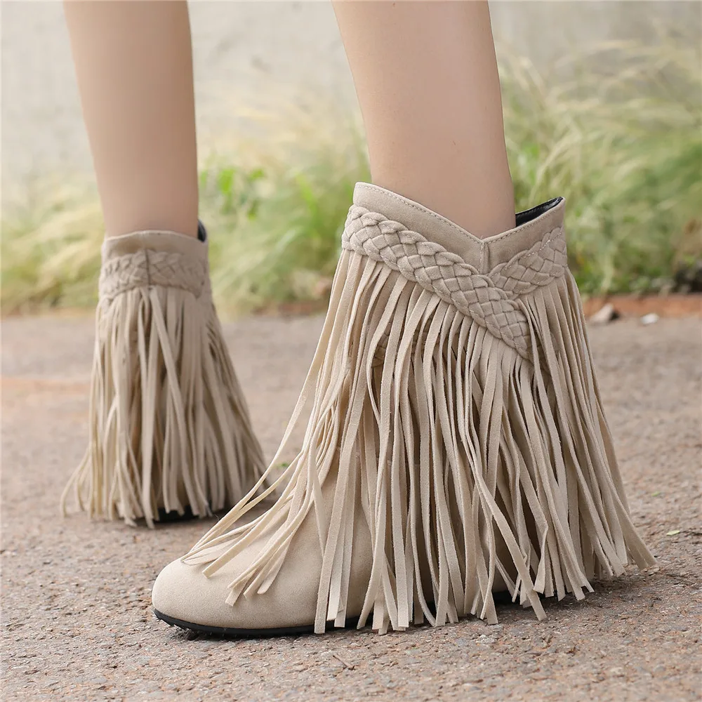 2024 Fashion Autumn Winter New Ethnic Woman Bohemian Flock Tassle Hidden Moccasin Ankle Boots Boots Fringe Female Slip On Shoes