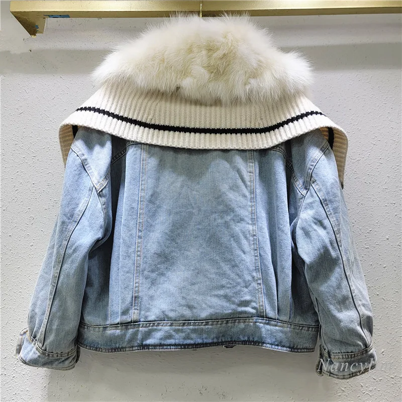 2024 Winter Coats Woman New Fox Fur Collar Stitching Knitted Lapel White Duck Down Liner Warm Denim Jacket Street Overcoats