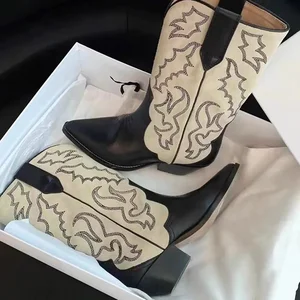 Women's Embroidery Western Cowboy Boots Fashion Fashion Sliding in the thick heel Long Boots Retro Style Fall Winter Women's Shoes 10 Main Sales Heel Needle - №5