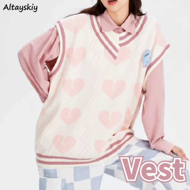 

V-neck Sweater Vest Women Clothing Panelled Streetwear Baggy Preppy Style Daily College Harajuku Vintage Knitted Ulzzang Tender