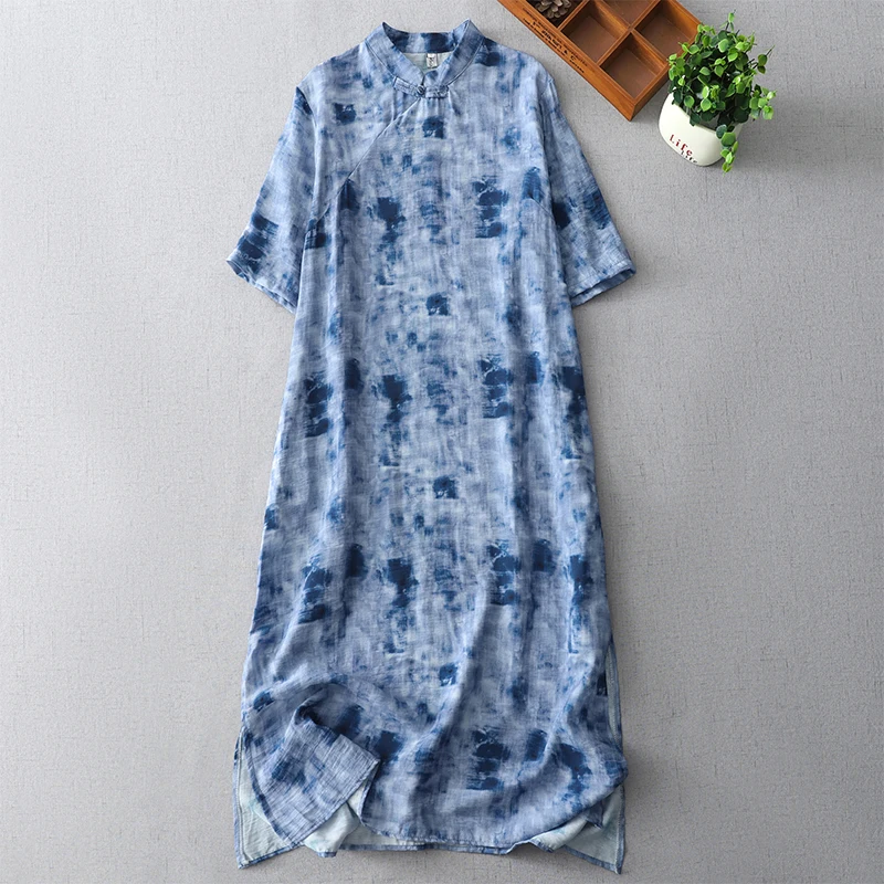 

Новое женское летнее платье миди в китайском стиле, художественное, в стиле модернизированного ципао, с пуговицами, свободного кроя, из смесового хлопка