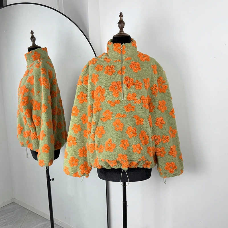 Felpa pullover allentata con tasca con cerniera casual da donna Abbigliamento festivo autunnale Pullover Felpa in finta lana d'agnello floreale alla moda