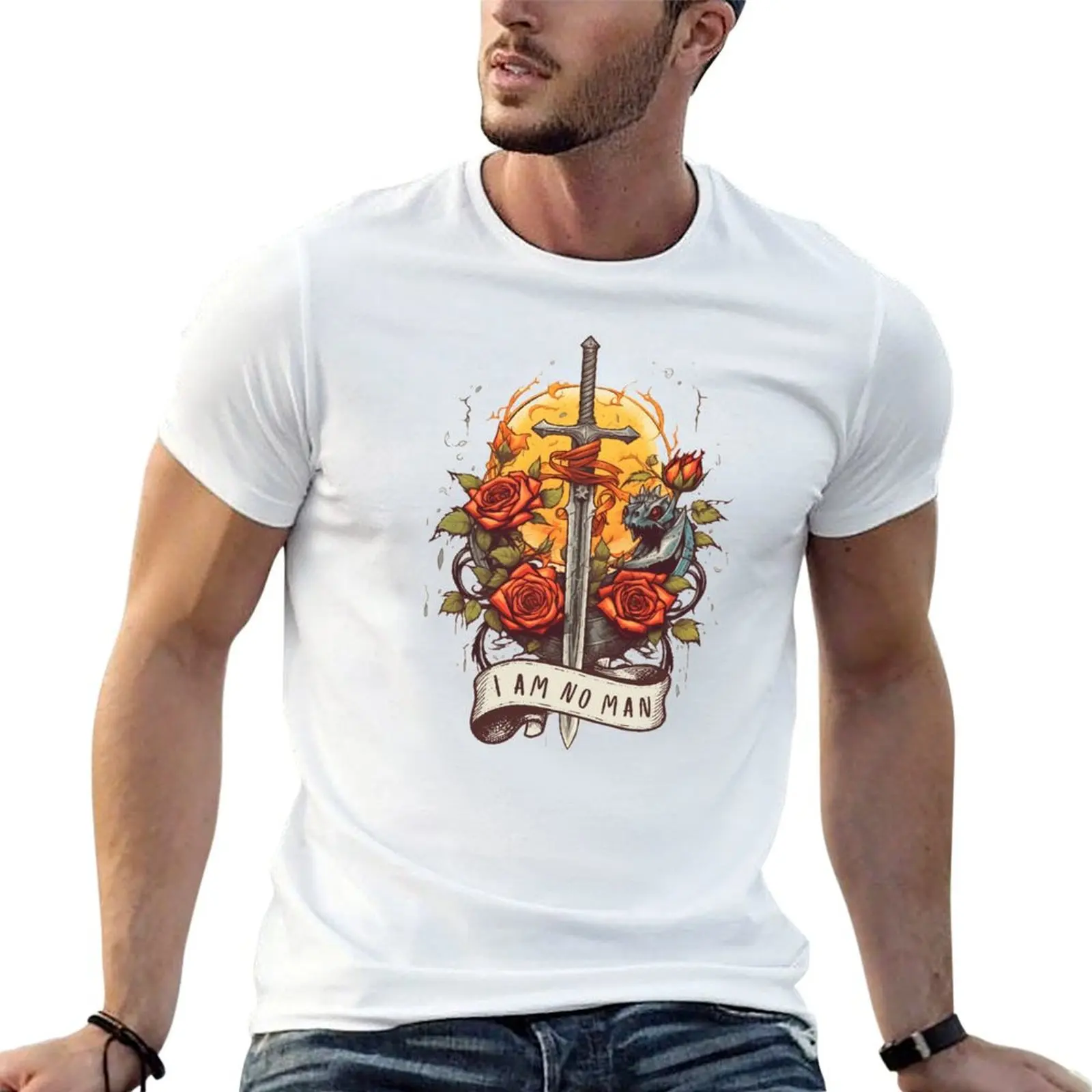 I am no man - Sword, Roses and Yellow Sun II - White - Fantasy T-shirt Short sleeve tee heavyweights blacks men clothings