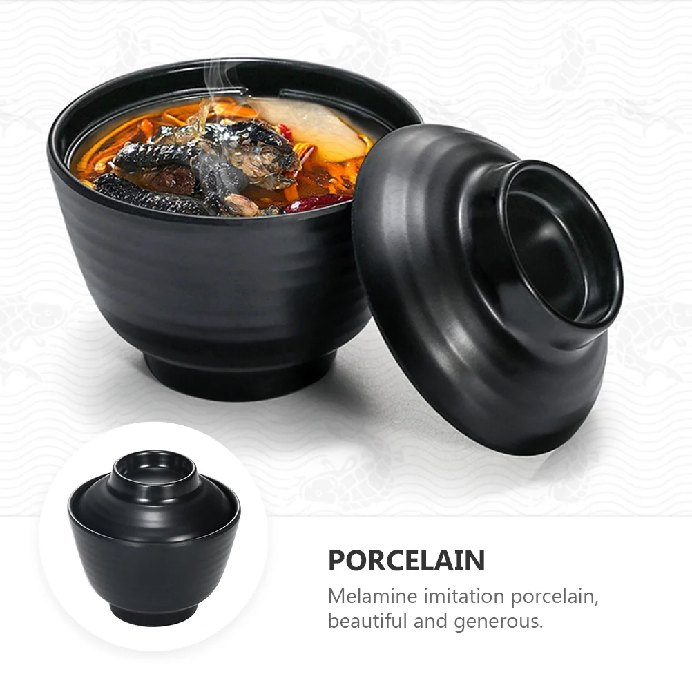 Miso de estilo japonés con cubierta, tazón de sopa de porcelana de imitación de melamina espesa, resistente al calor, a prueba de caídas, a prueba de polvo, fácil