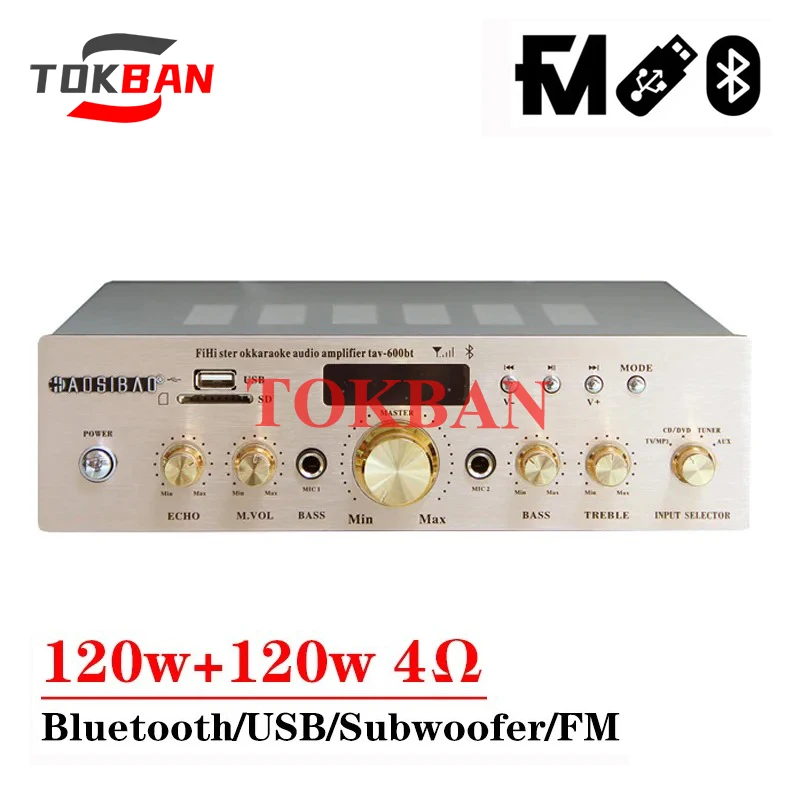 Tokban AV299 120w*2 2-channel Power Amplifier Karaoke Bluetooth 4.2 FM Bass Treble Adjustment HIFI Subwoofer Amplifier Audio