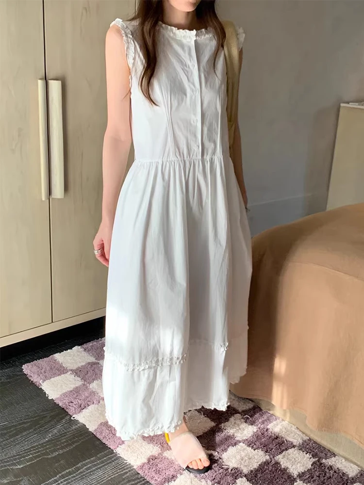 Clothland Women Sweet Ruffled Shirt Dress Sashes Sleeveless A Line One Piece Female Fashion Midi Dresses Vestido QE146