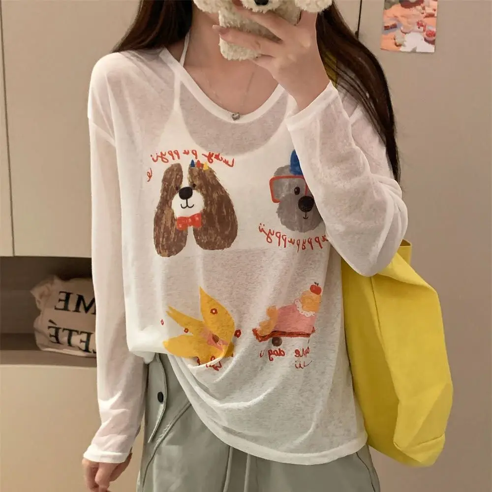 

Thin Dog Print Graphic T-shirt Sunscreen Cartoon Cartoon Animal Long Sleeved Top Harajuku Ins Round Neck Oversized T-shirt
