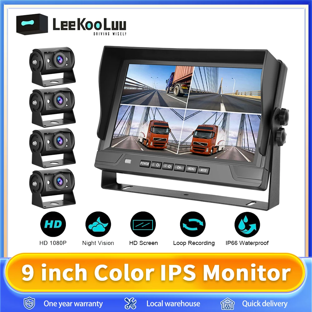 Leekooluu-Système de Caméra de Rectransistors AHD 4CH avec Moniteur de Voiture de 9 Pouces, 4 Caméras de Rectransistors, Affichage Partagé, Aide au Stationnement, pour Bus, Montres Van