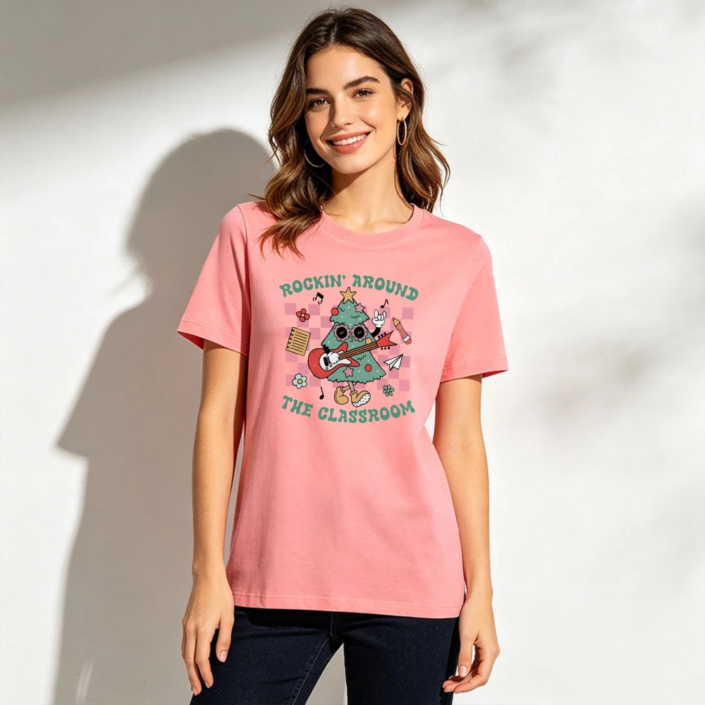 Rockin Around The Classroom Christmas Tree Guitar Teacher Women Cotton T Shirt Educator Preppy Holiday Campus Casual Daily Tee